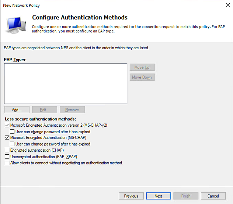 Screenshot of the Configure Authentication Methods screen in the New Network Policy wizard.
